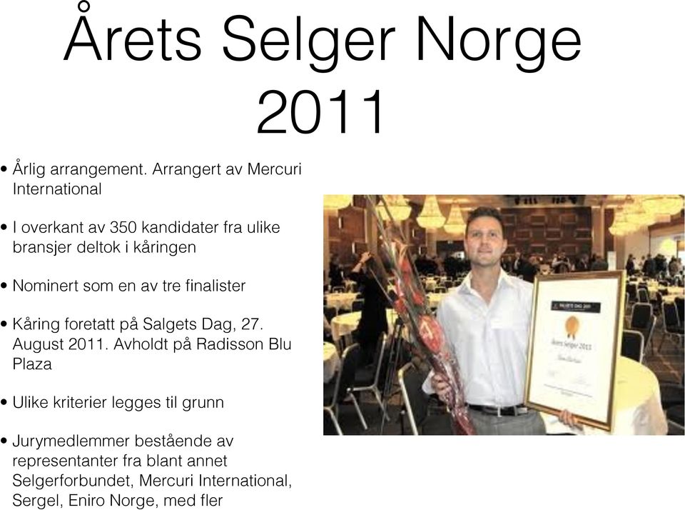 Nominert som en av tre finalister Kåring foretatt på Salgets Dag, 27. August 2011.