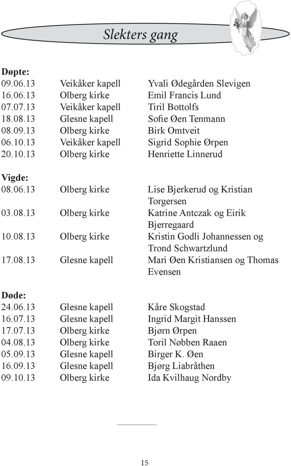 08.13 Olberg kirke Kristin Godli Johannessen og Trond Schwartzlund 17.08.13 Glesne kapell Mari Øen Kristiansen og Thomas Evensen Døde: 24.06.13 Glesne kapell Kåre Skogstad 16.07.