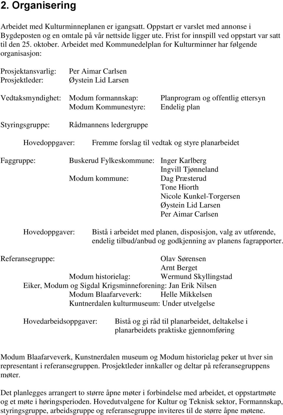 Arbeidet med Kommunedelplan for Kulturminner har følgende organisasjon: Prosjektansvarlig: Prosjektleder: Per Aimar Carlsen Øystein Lid Larsen Vedtaksmyndighet: Modum formannskap: Planprogram og