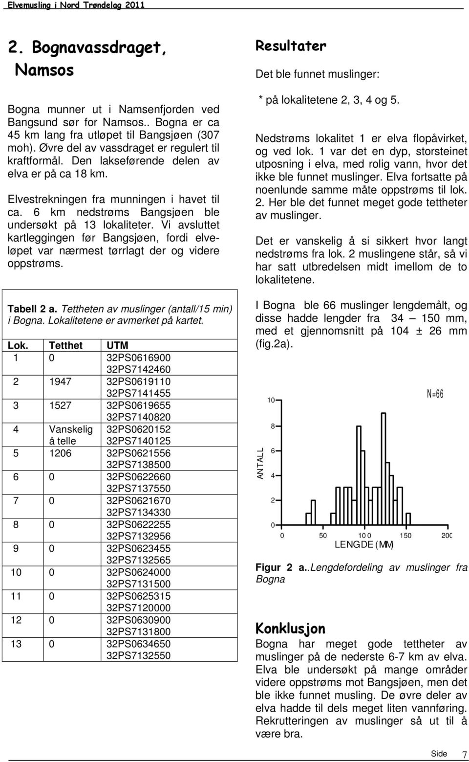 Vi avsluttet kartleggingen før Bangsjøen, fordi elveløpet var nærmest tørrlagt der og videre oppstrøms. Tabell 2 a. Tettheten av muslinger (antall/15 min) i Bogna. Lokalitetene er avmerket på kartet.