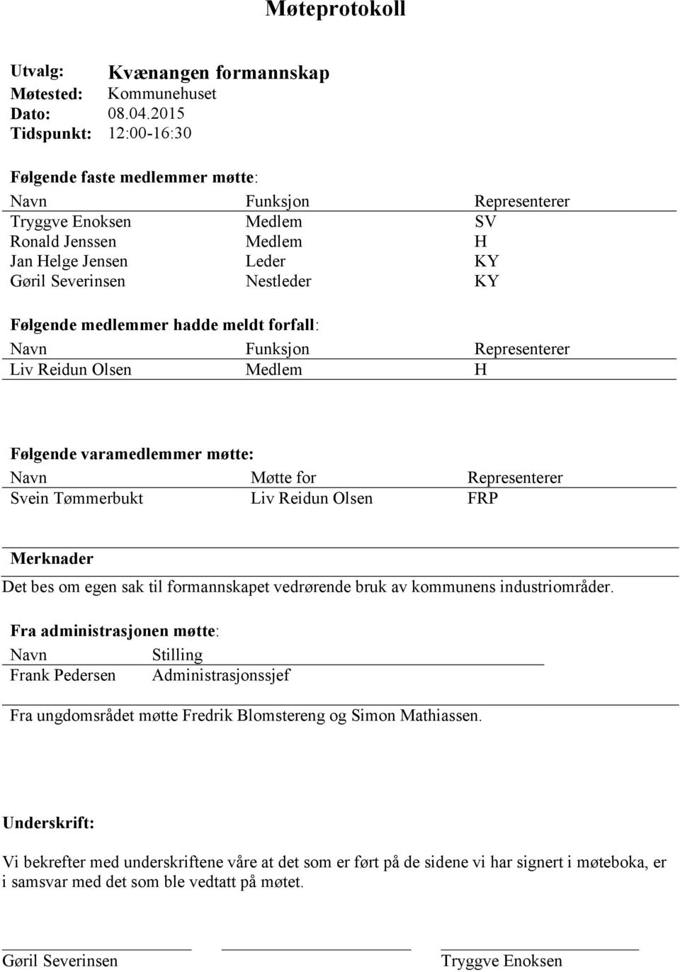 Følgende medlemmer hadde meldt forfall: Navn Funksjon Representerer Liv Reidun Olsen Medlem H Følgende varamedlemmer møtte: Navn Møtte for Representerer Svein Tømmerbukt Liv Reidun Olsen FRP