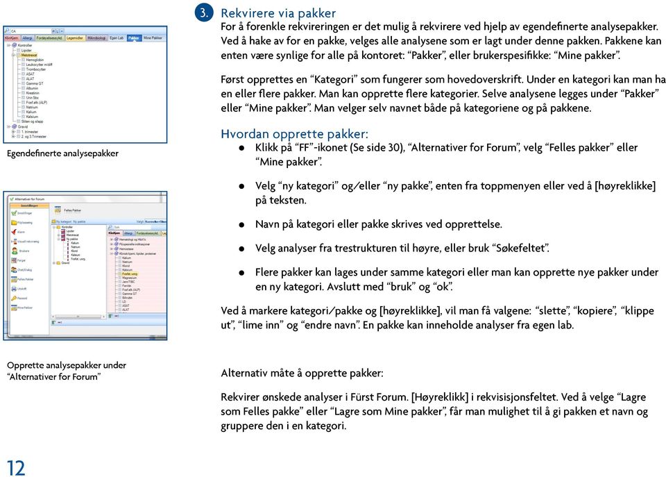 Først opprettes en Kategori som fungerer som hovedoverskrift. Under en kategori kan man ha en eller flere pakker. Man kan opprette flere kategorier.