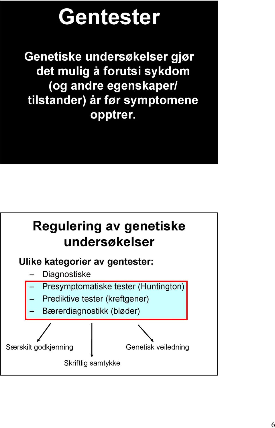 Regulering av genetiske undersøkelser Ulike kategorier av gentester: Diagnostiske