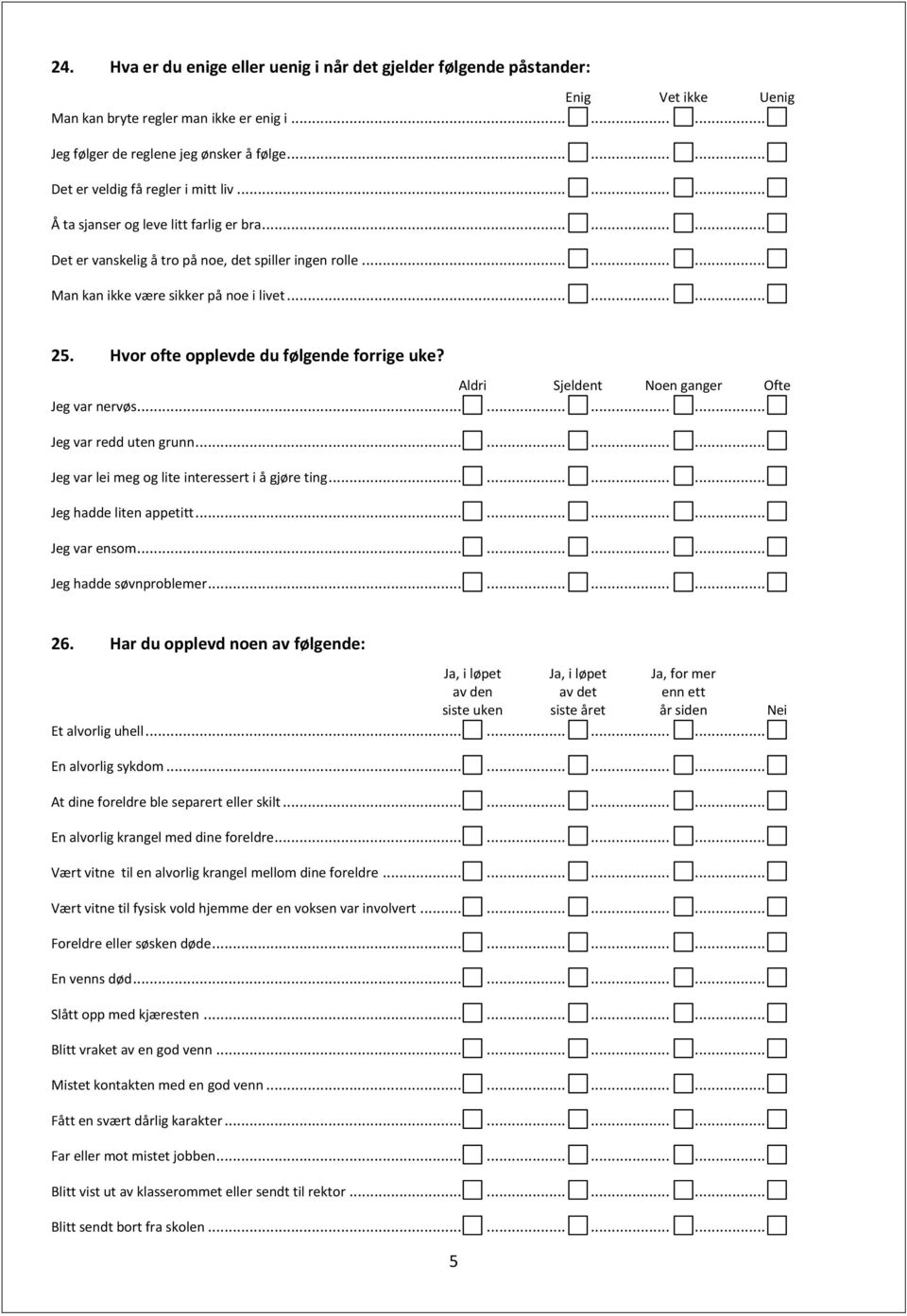 ........ 25. Hvor ofte opplevde du følgende forrige uke? Aldri Sjeldent Noen ganger Ofte Jeg var nervøs............ Jeg var redd uten grunn............ Jeg var lei meg og lite interessert i å gjøre ting.