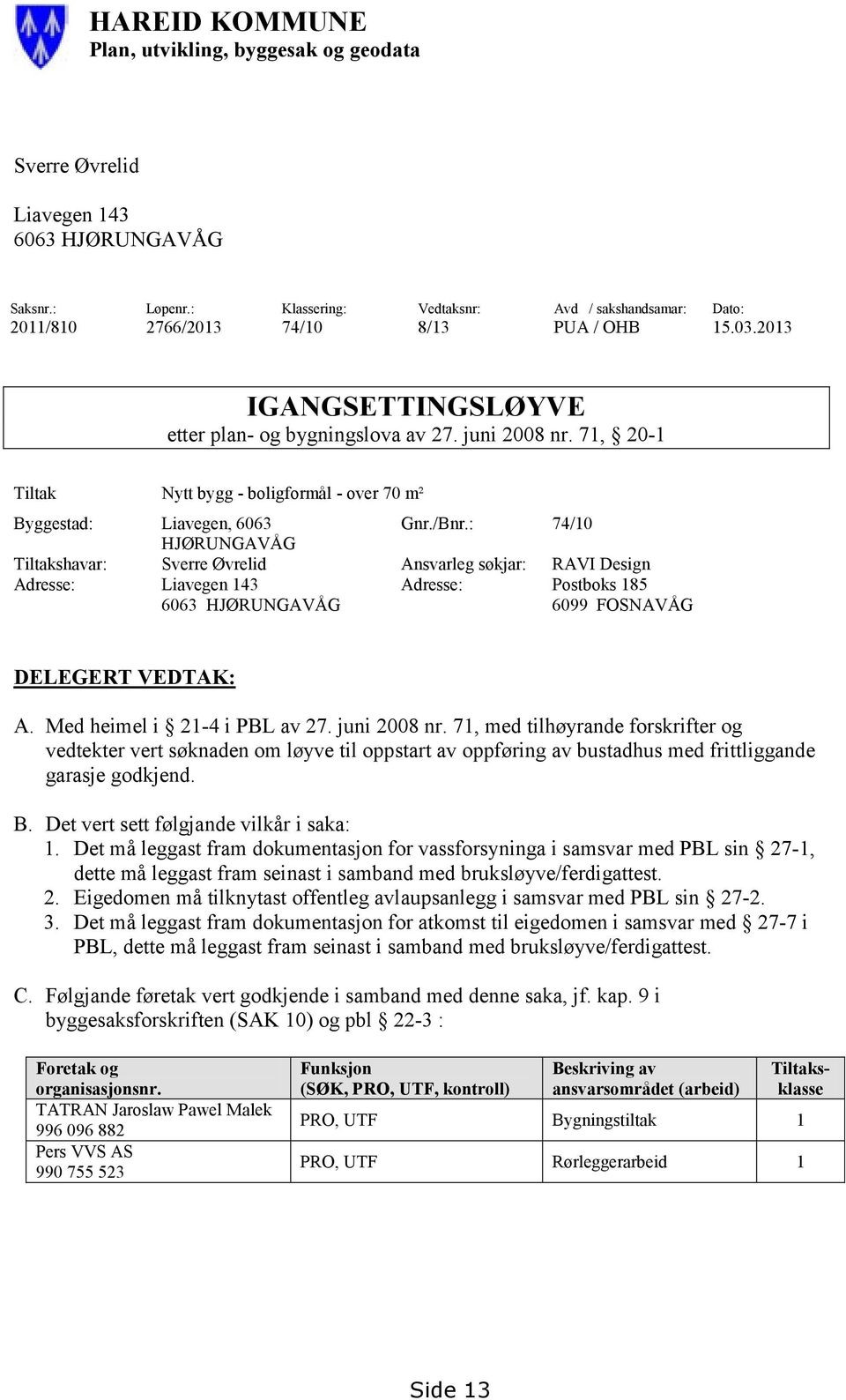 71, 20-1 Tiltak Nytt bygg - boligformål - over 70 m² Byggestad: Liavegen, 6063 Gnr./Bnr.