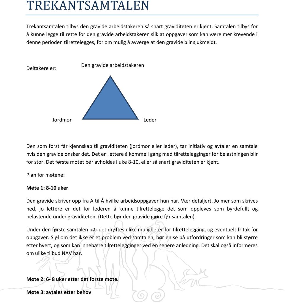 sjukmeldt. Deltakere er: Den gravide arbeidstakeren Jordmor Leder Den som først får kjennskap til graviditeten (jordmor eller leder), tar initiativ og avtaler en samtale hvis den gravide ønsker det.