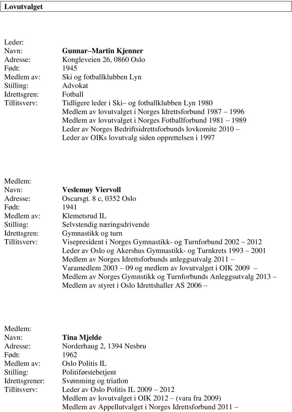 av OIKs lovutvalg siden opprettelsen i 1997 Medlem: Veslemøy Viervoll Adresse: Oscarsgt.