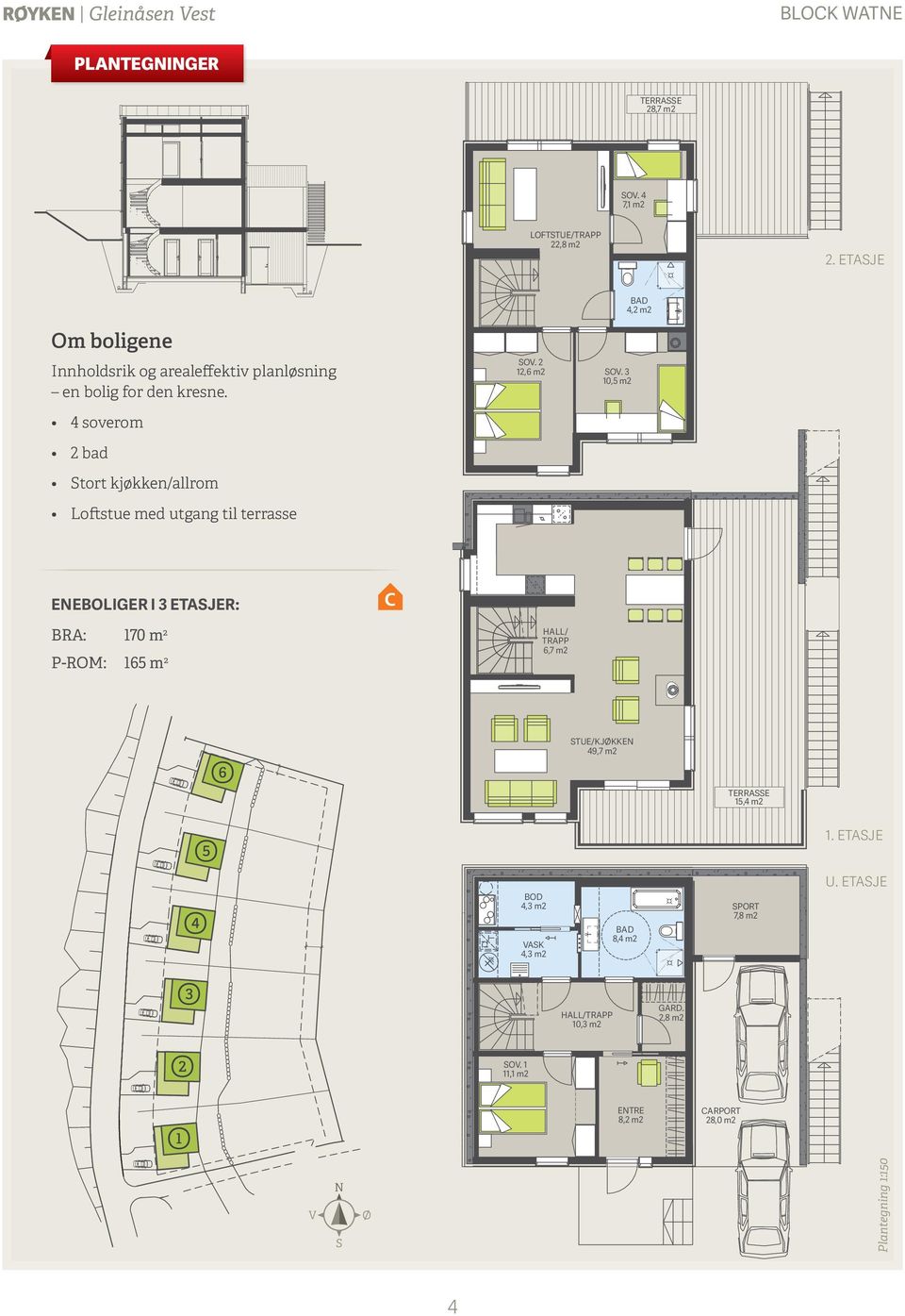 4 soverom 2 bad Stort kjøkken/allrom Loftstue med utgang til terrasse SOV. 2 12,6 m2 SOV.