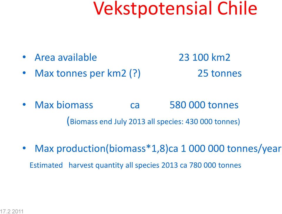 species: 430 000 tonnes) Max production(biomass*1,8)ca 1 000 000