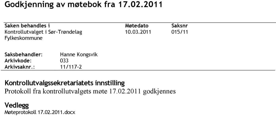03.2011 015/11 Fylkeskommune Saksbehandler: Hanne Kongsvik Arkivkode: 033