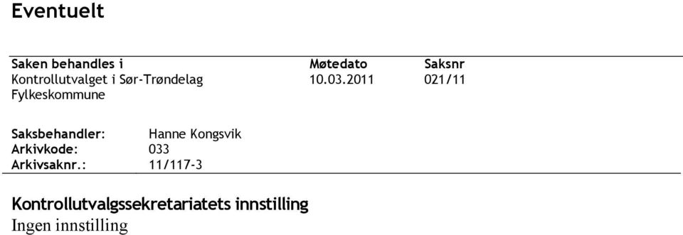2011 021/11 Fylkeskommune Saksbehandler: Hanne