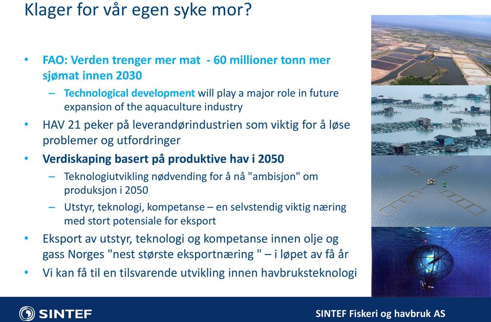 HAV 21 peker på leverandørindustrien som viktig for å løse problemer og utfordringer Verdiskaping basert på produktive hav i 2050 Teknologiutvikling nødvending for å