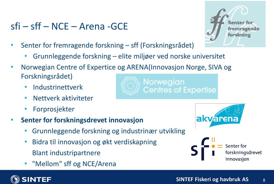 Industrinettverk Nettverk aktiviteter Forprosjekter Senter for forskningsdrevet innovasjon Grunnleggende