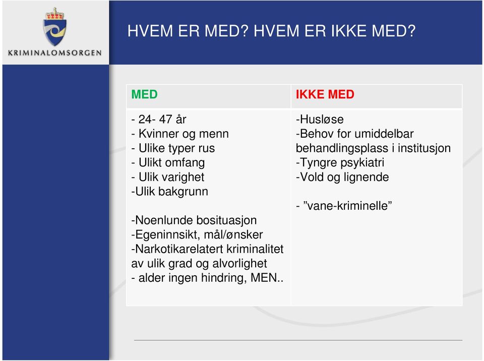 -Noenlunde bosituasjon -Egeninnsikt, mål/ønsker -Narkotikarelatert kriminalitet av ulik grad og