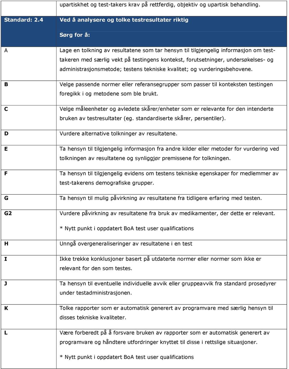 undersøkelses- og administrasjonsmetode; testens tekniske kvalitet; og vurderingsbehovene.