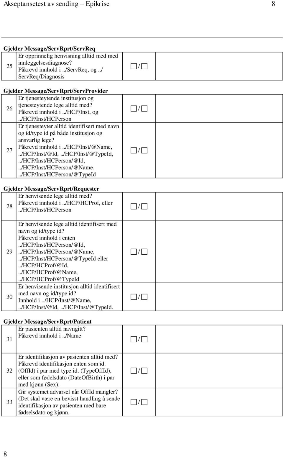 ./hcp/inst/hcperson Er tjenesteyter alltid identifisert med navn og id/type id på både institusjon og ansvarlig lege? Påkrevd innhold i../hcp/inst/@name, 27../HCP/Inst/@Id,../HCP/Inst/@TypeId,.