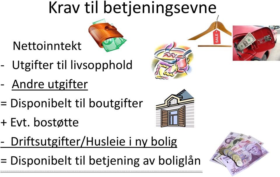 bostøtte - Driftsutgifter/Husleie i ny bolig = Disponibelt til betjening av boliglån