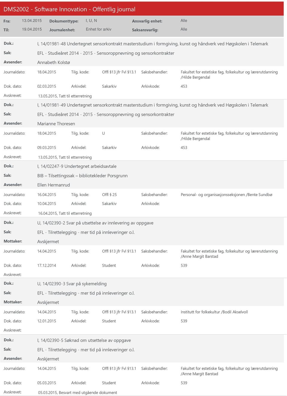 2015, Tatt til etterretning I, 14/01981-49 ndertegnet sensorkontrakt masterstudium i formgiving, kunst og håndverk ved Høgskolen i Telemark EFL - Studieåret 2014-2015 - Sensoroppnevning og