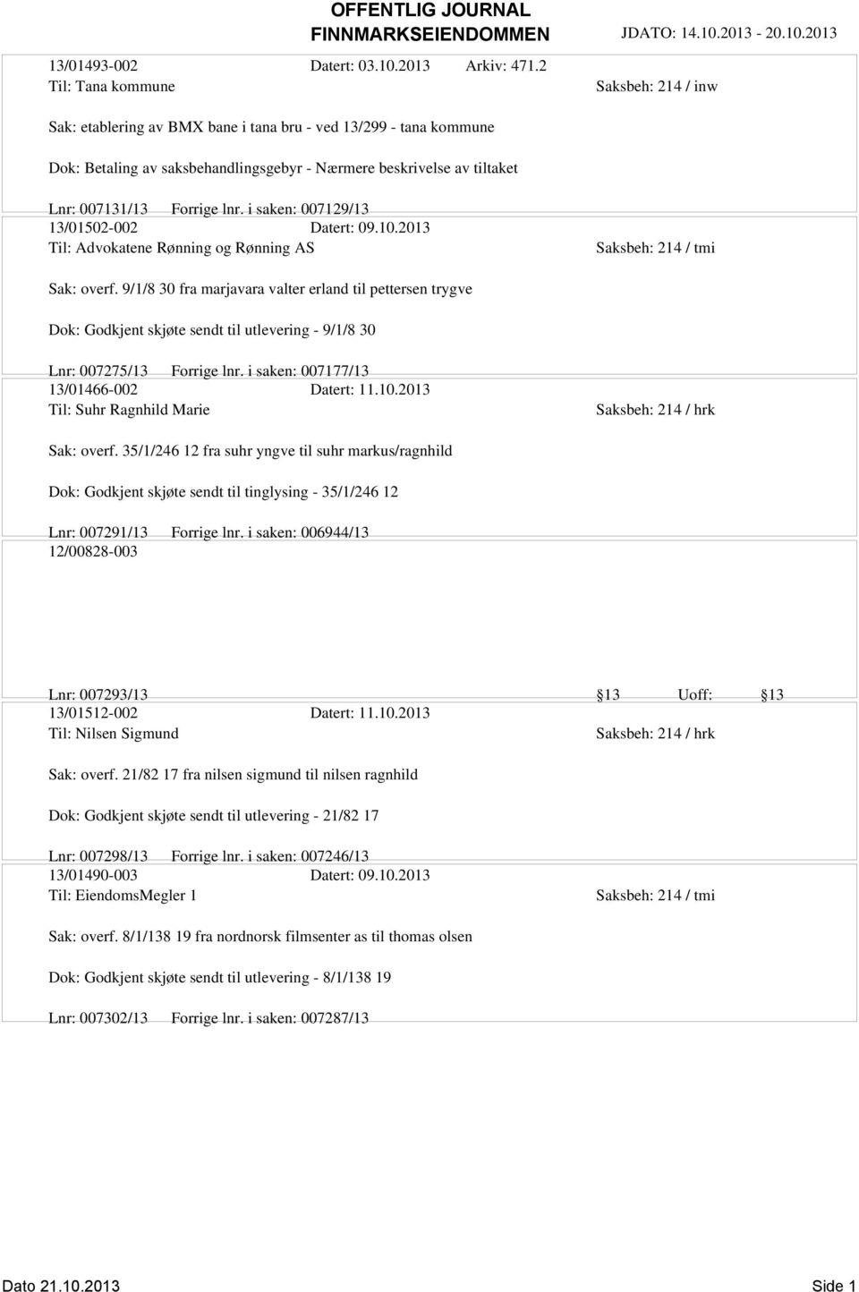 Forrige lnr. i saken: 007129/13 13/01502-002 Datert: 09.10.2013 Til: Advokatene Rønning og Rønning AS Saksbeh: 214 / tmi Sak: overf.