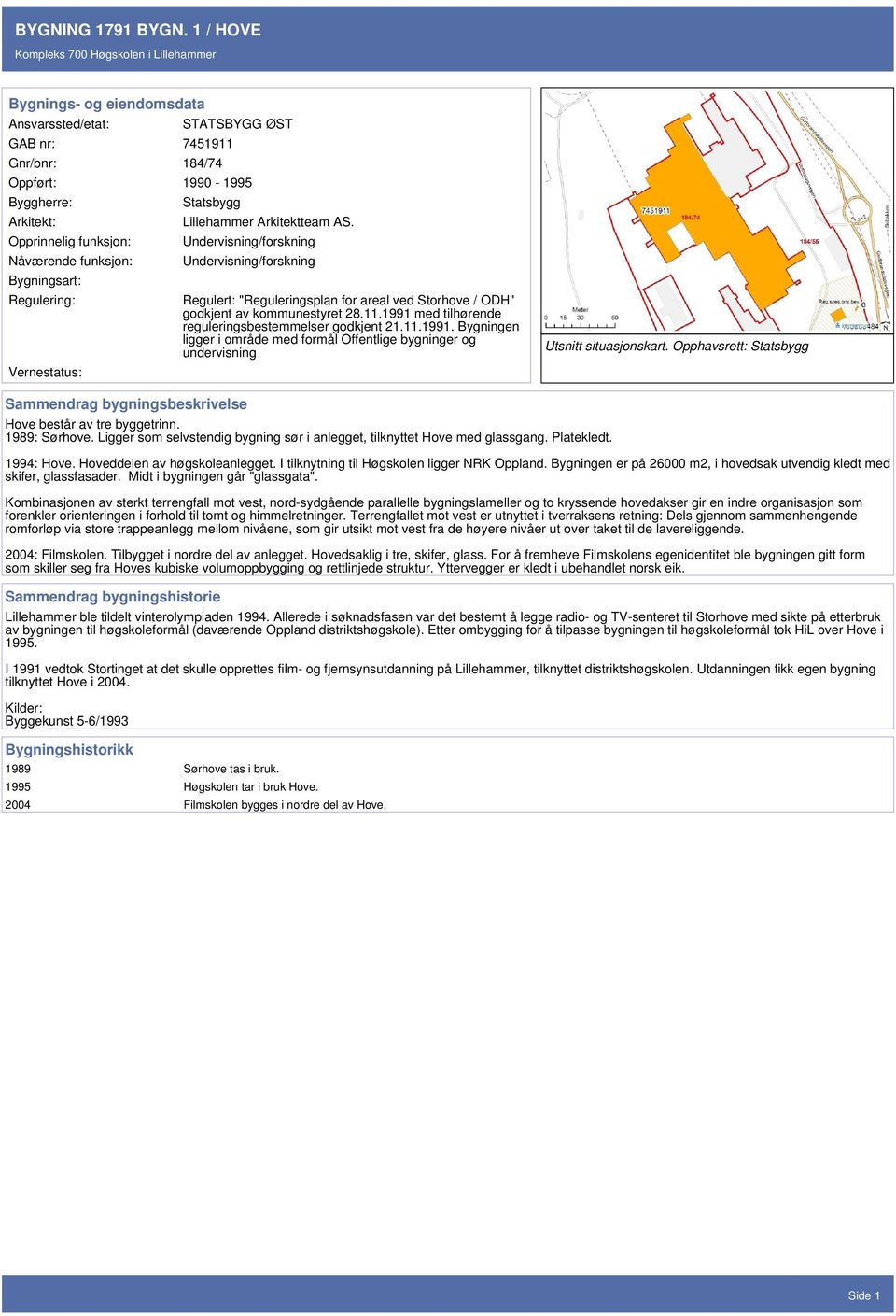 Regulering: Vernestatus: Statsbygg Lillehammer Arkitektteam AS. Undervisning/forskning Undervisning/forskning Regulert: "Reguleringsplan for areal ved Storhove / ODH" godkjent av kommunestyret 28.11.