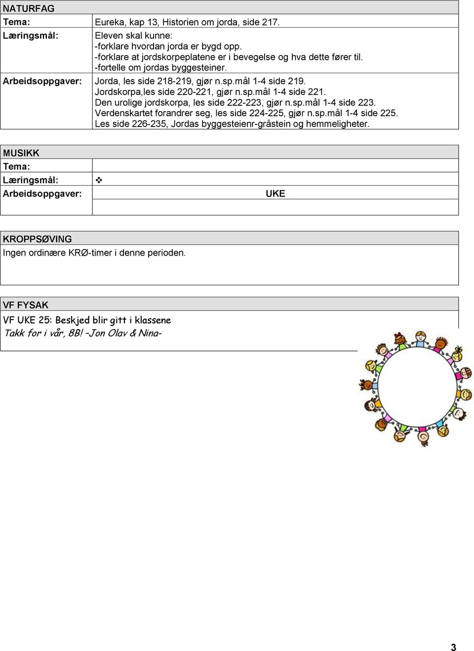 Jordskorpa,les side 220-221, gjør n.sp.mål 1-4 side 221. Den urolige jordskorpa, les side 222-223, gjør n.sp.mål 1-4 side 223. Verdenskartet forandrer seg, les side 224-225, gjør n.sp.mål 1-4 side 225.