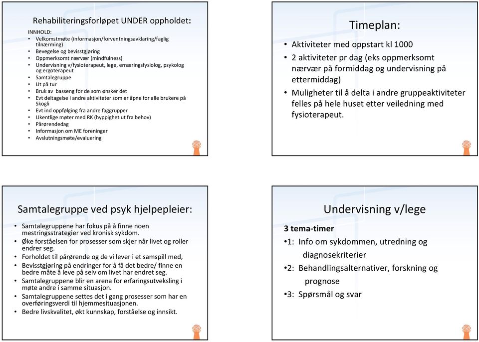 Skogli Evt ind oppfølging fra andre faggrupper Ukentlige møter med RK (hyppighet ut fra behov) Pårørendedag Informasjon om ME foreninger Avslutningsmøte/evaluering Timeplan: Aktiviteter med oppstart