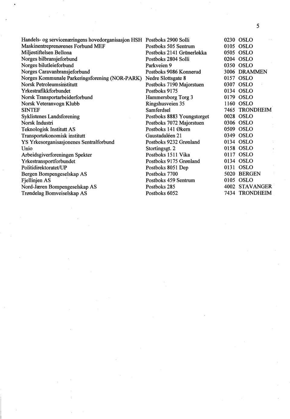 Teknologisk Institutt AS Transportøkonomisk institutt YS Yrkesorganisasjonenes Sentralforbund Unio Arbeidsgiverforeningen Spekter Yrkestransportforbundet Politidirektoratet/UP Bergen Bompengeselskap