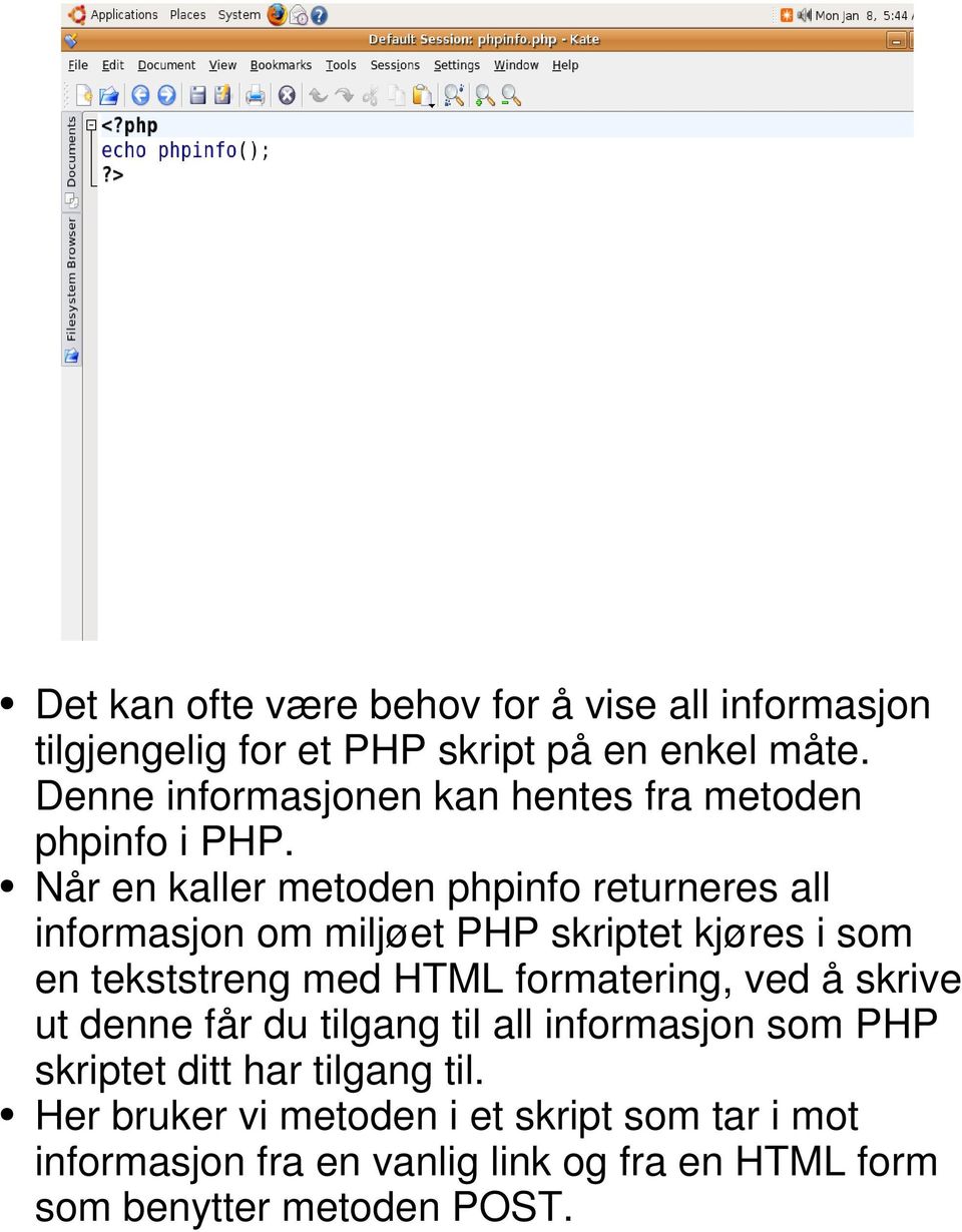 Når en kaller metoden phpinfo returneres all informasjon om miljøet PHP skriptet kjøres i som en tekststreng med HTML
