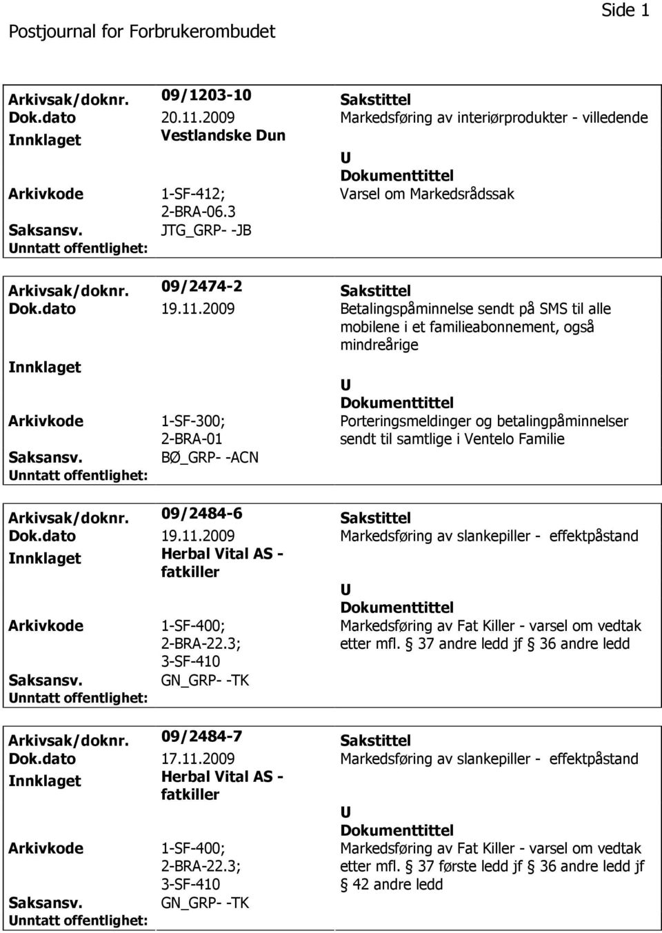 2009 Betalingspåminnelse sendt på SMS til alle mobilene i et familieabonnement, også mindreårige nnklaget 1-SF-300; 2-BRA-01 BØ_GRP- -ACN Porteringsmeldinger og betalingpåminnelser sendt til samtlige