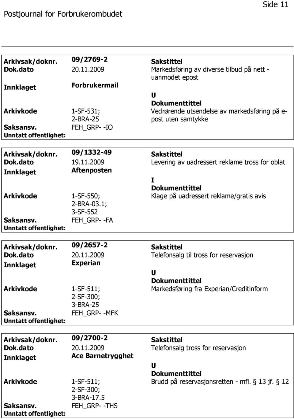 1; 3-SF-552 Klage på uadressert reklame/gratis avis FEH_GRP- -FA Arkivsak/doknr.