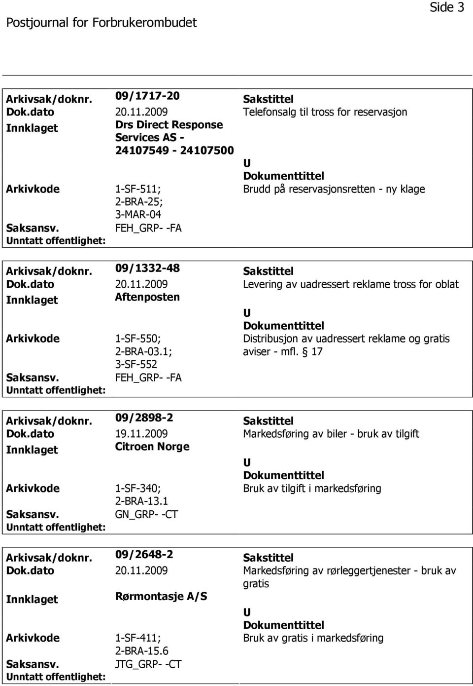 1; 3-SF-552 Distribusjon av uadressert reklame og gratis aviser - mfl. 17 FEH_GRP- -FA Arkivsak/doknr. 09/2898-2 Sakstittel Dok.dato 19.11.