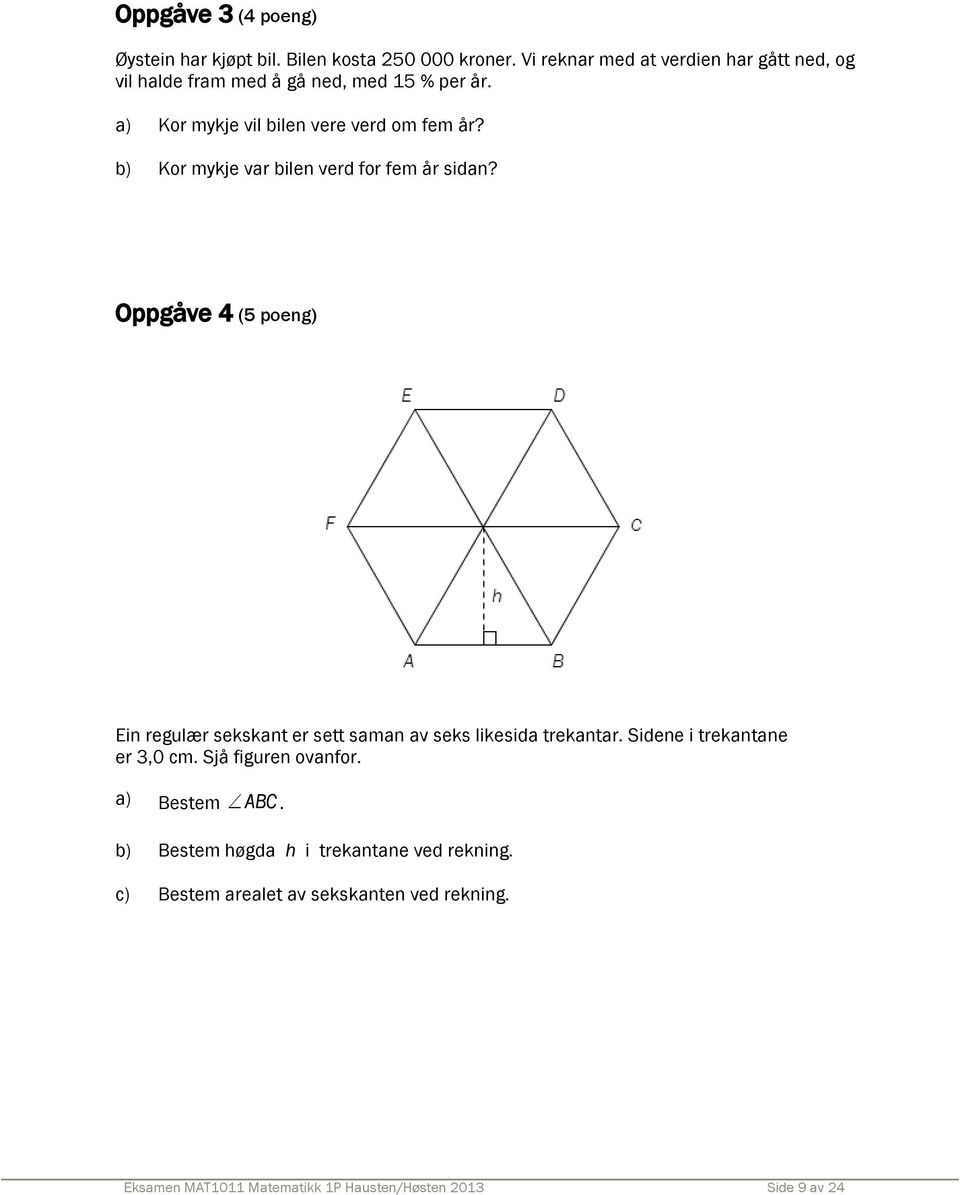 b) Kor mykje var bilen verd for fem år sidan? Oppgåve 4 (5 poeng) Ein regulær sekskant er sett saman av seks likesida trekantar.