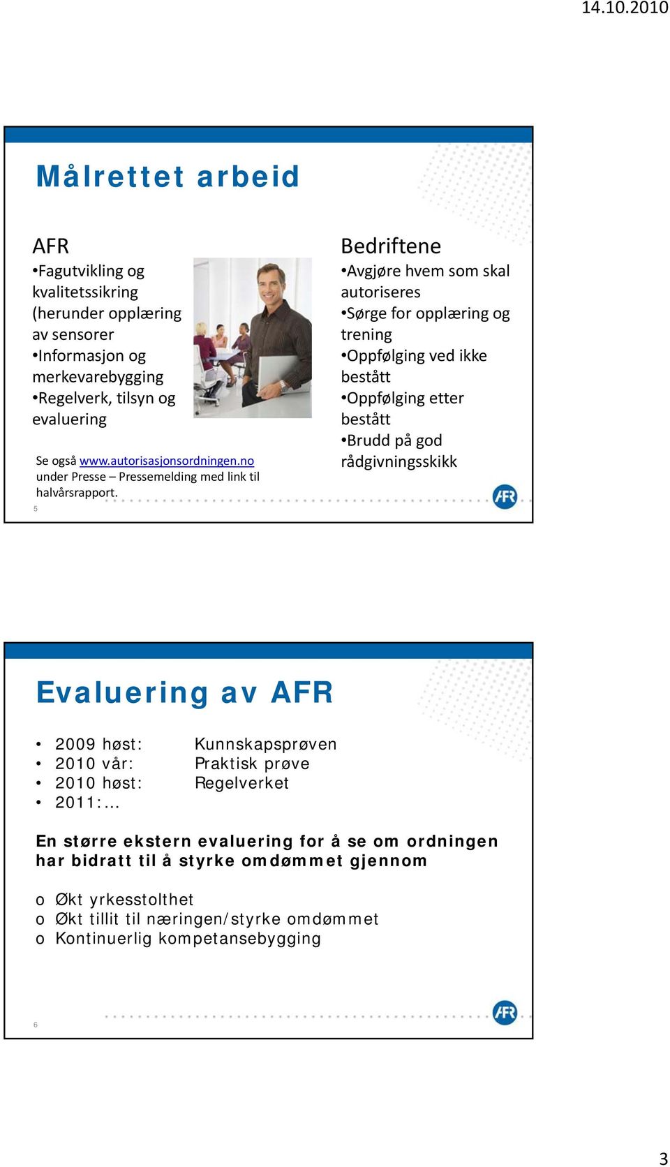 5 Bedriftene Avgjøre hvem som skal autoriseres Sørge for opplæring og trening Oppfølging ved ikke bestått Oppfølging etter bestått Brudd på god rådgivningsskikk Evaluering