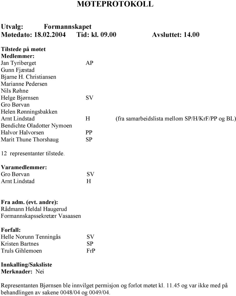 Halvorsen PP Marit Thune Thorshaug SP 12 representanter tilstede. Varamedlemmer: Gro Børvan Arnt Lindstad SV H Fra adm. (evt.