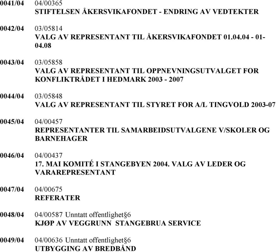 TINGVOLD 2003-07 0045/04 04/00457 REPRESENTANTER TIL SAMARBEIDSUTVALGENE V/SKOLER OG BARNEHAGER 0046/04 04/00437 17. MAI KOMITÉ I STANGEBYEN 2004.