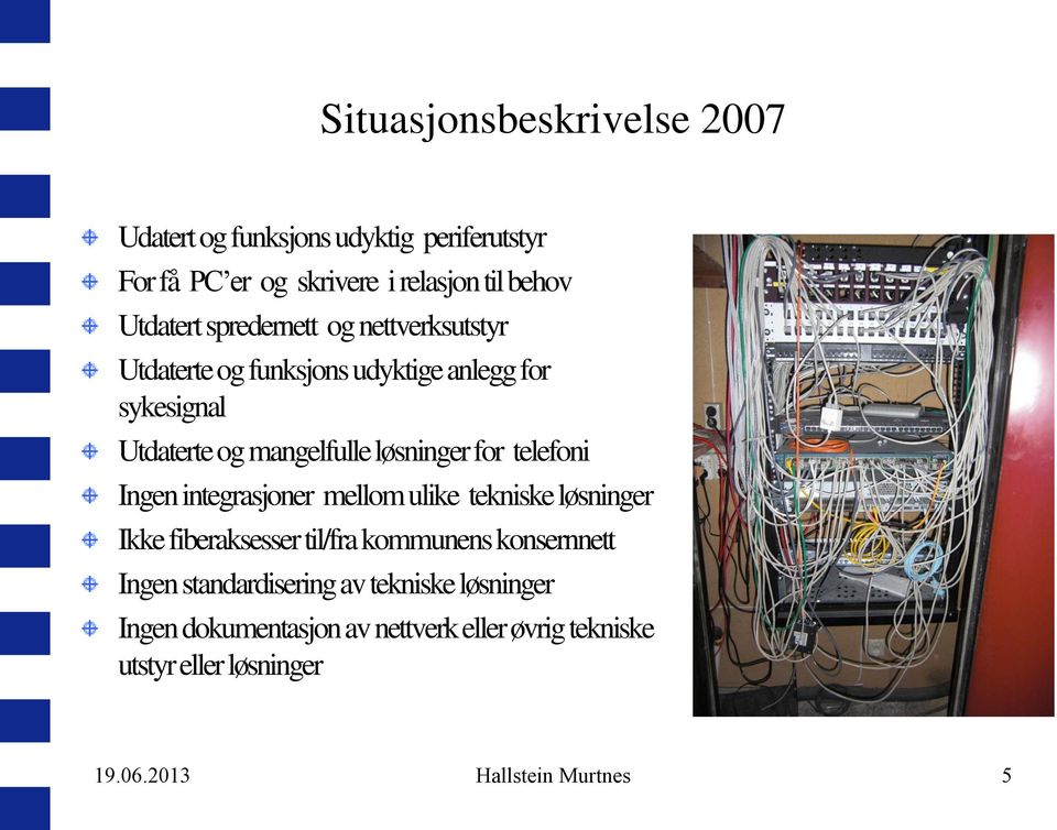 telefoni Ingen integrasjoner mellom ulike tekniske løsninger Ikke fiberaksesser til/fra kommunens konsernnett Ingen