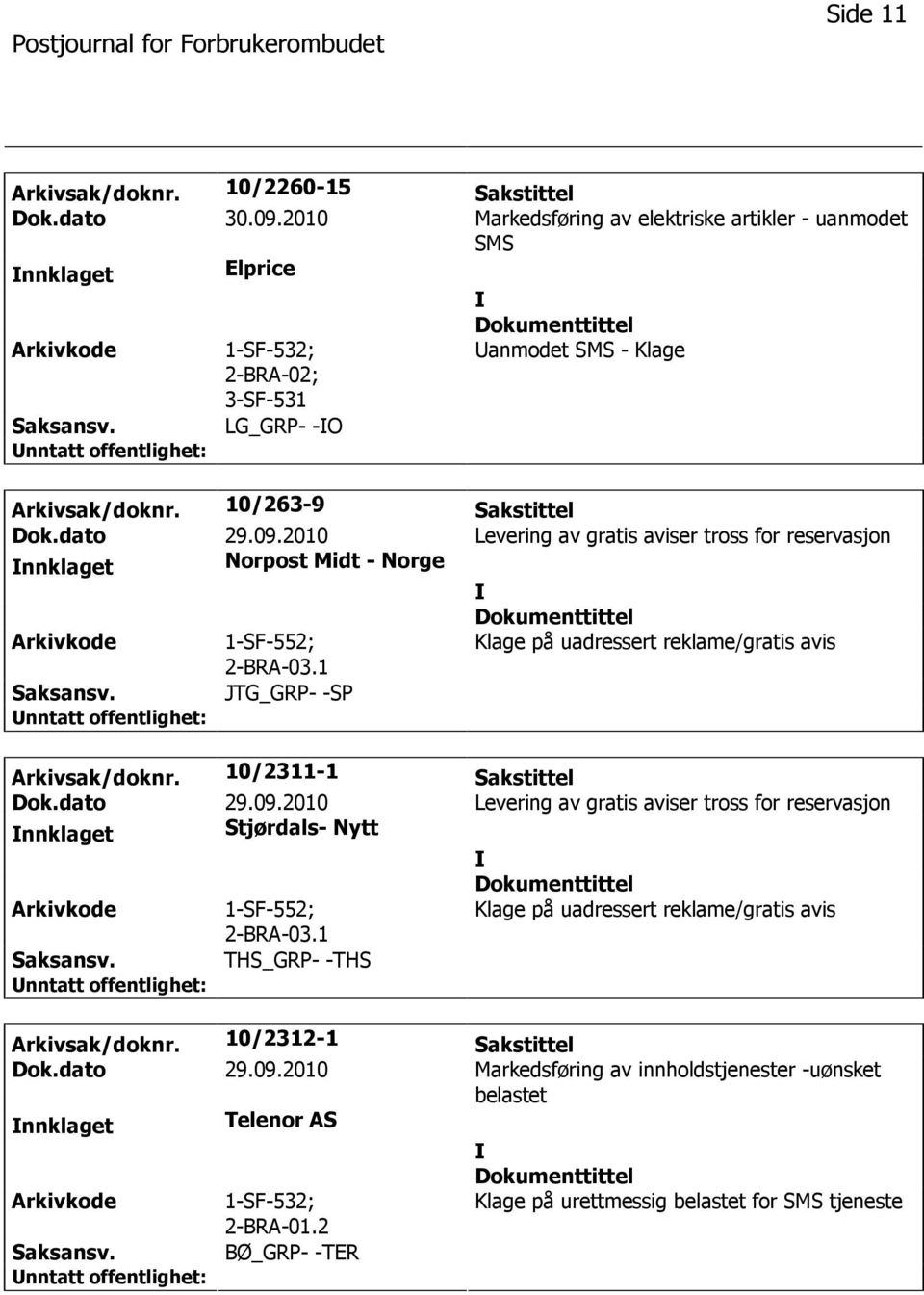 2010 Levering av gratis aviser tross for reservasjon nnklaget Norpost Midt - Norge 1-SF-552; 2-BRA-03.1 Klage på uadressert reklame/gratis avis JTG_GRP- -SP Arkivsak/doknr. 10/2311-1 Sakstittel Dok.