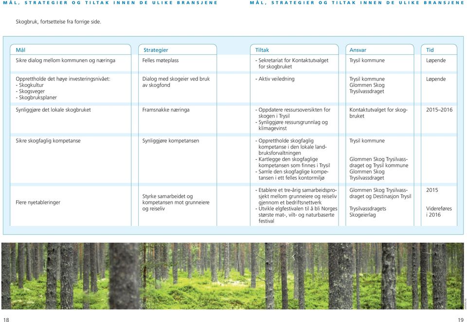 Skogkultur - Skogsveger - Skogbruksplaner Dialog med skogeier ved bruk av skogfond - Aktiv veiledning Glommen Skog Trysilvassdraget Løpende Synliggjøre det lokale skogbruket Framsnakke næringa -