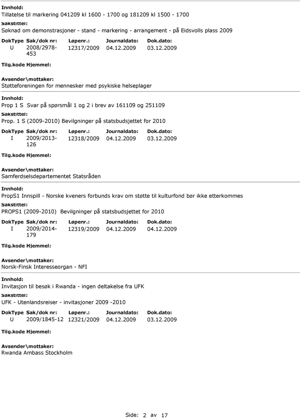 1 S (2009-2010) Bevilgninger på statsbudsjettet for 2010 2009/2013-126 12318/2009 Samferdselsdepartementet Statsråden PropS1 nnspill - Norske kveners forbunds krav om støtte til kulturfond bør