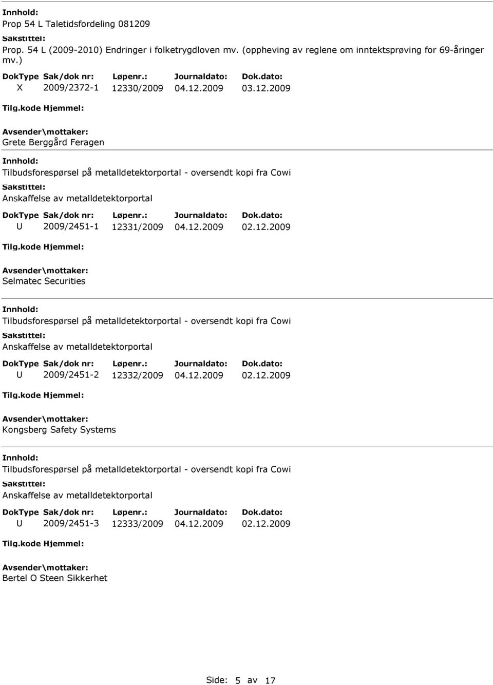 Selmatec Securities Tilbudsforespørsel på metalldetektorportal - oversendt kopi fra Cowi Anskaffelse av metalldetektorportal 2009/2451-2 12332/2009 Kongsberg