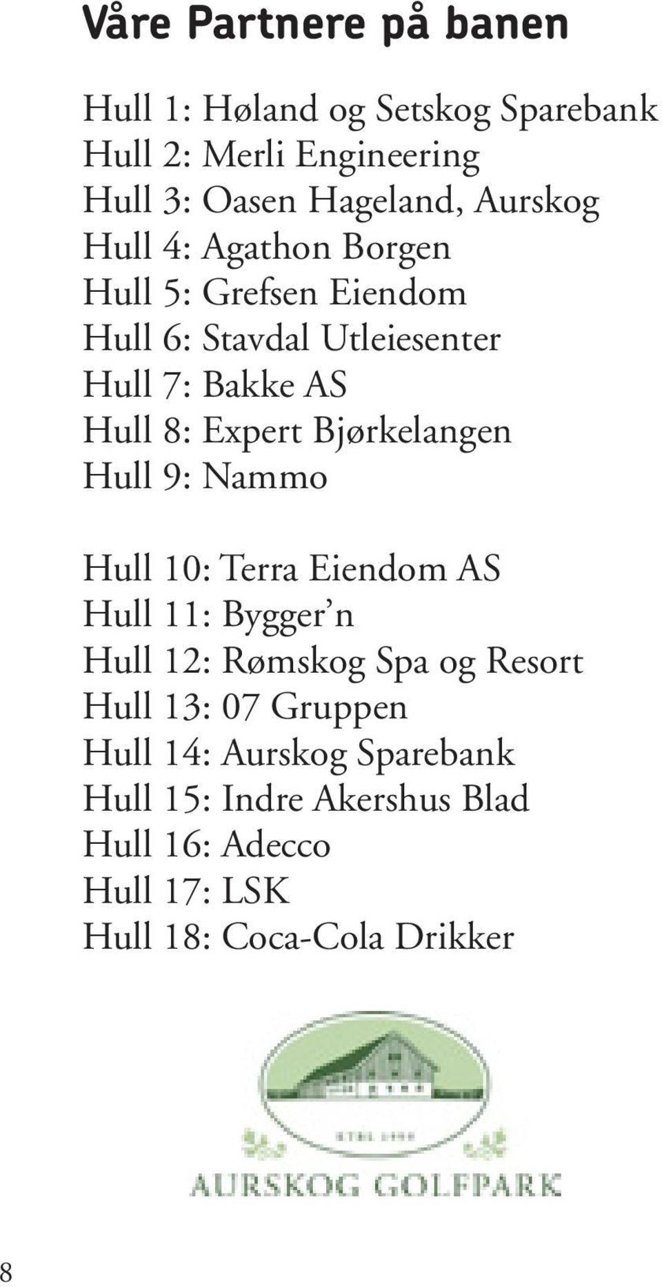 Bjørkelangen Hull 9: Nammo HUL 5 Hull 10: Terra Eiendom AS Hull 11: Bygger n Hull 12: Rømskog Spa og Resort Hull