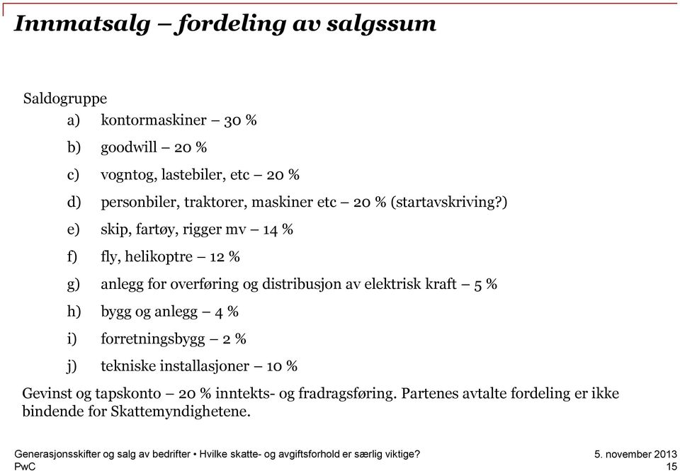 ) e) skip, fartøy, rigger mv 14 % f) fly, helikoptre 12 % g) anlegg for overføring og distribusjon av elektrisk kraft 5 % h)