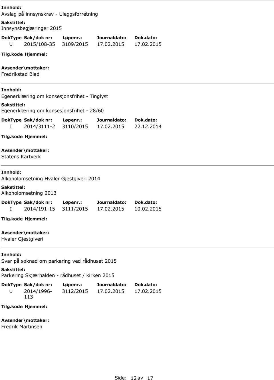 2014 nnhold: Alkoholomsetning Hvaler Gjestgiveri 2014 Alkoholomsetning 2013 2014/191-15 3111/2015 10.02.