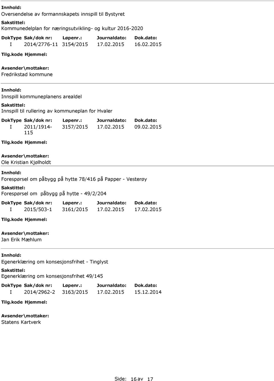 2015 Fredrikstad kommune nnhold: nnspill kommuneplanens arealdel nnspill til rullering av kommuneplan for Hvaler 2011/1914-115 3157/2015 09.