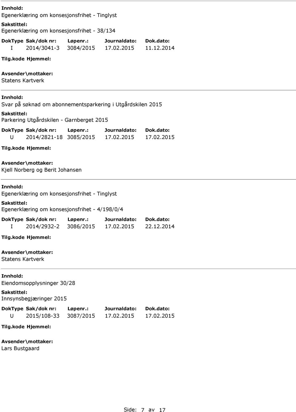 2015 2014/2821-18 3085/2015 Kjell Norberg og Berit Johansen nnhold: Egenerklæring om konsesjonsfrihet -