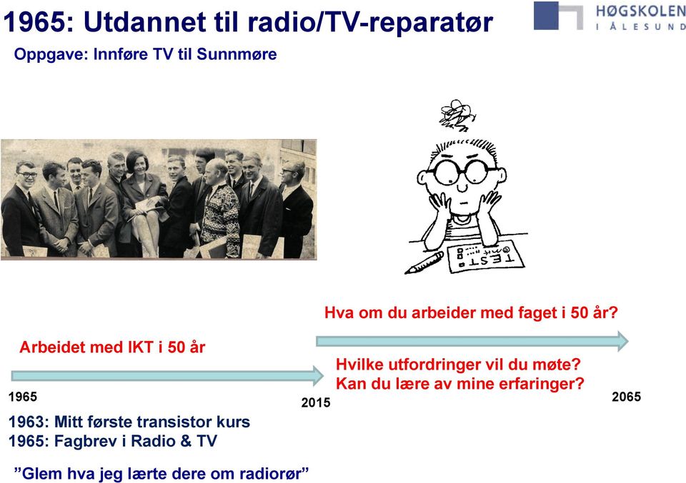 1965 2015 2065 1963: Mitt første transistor kurs 1965: Fagbrev i Radio & TV