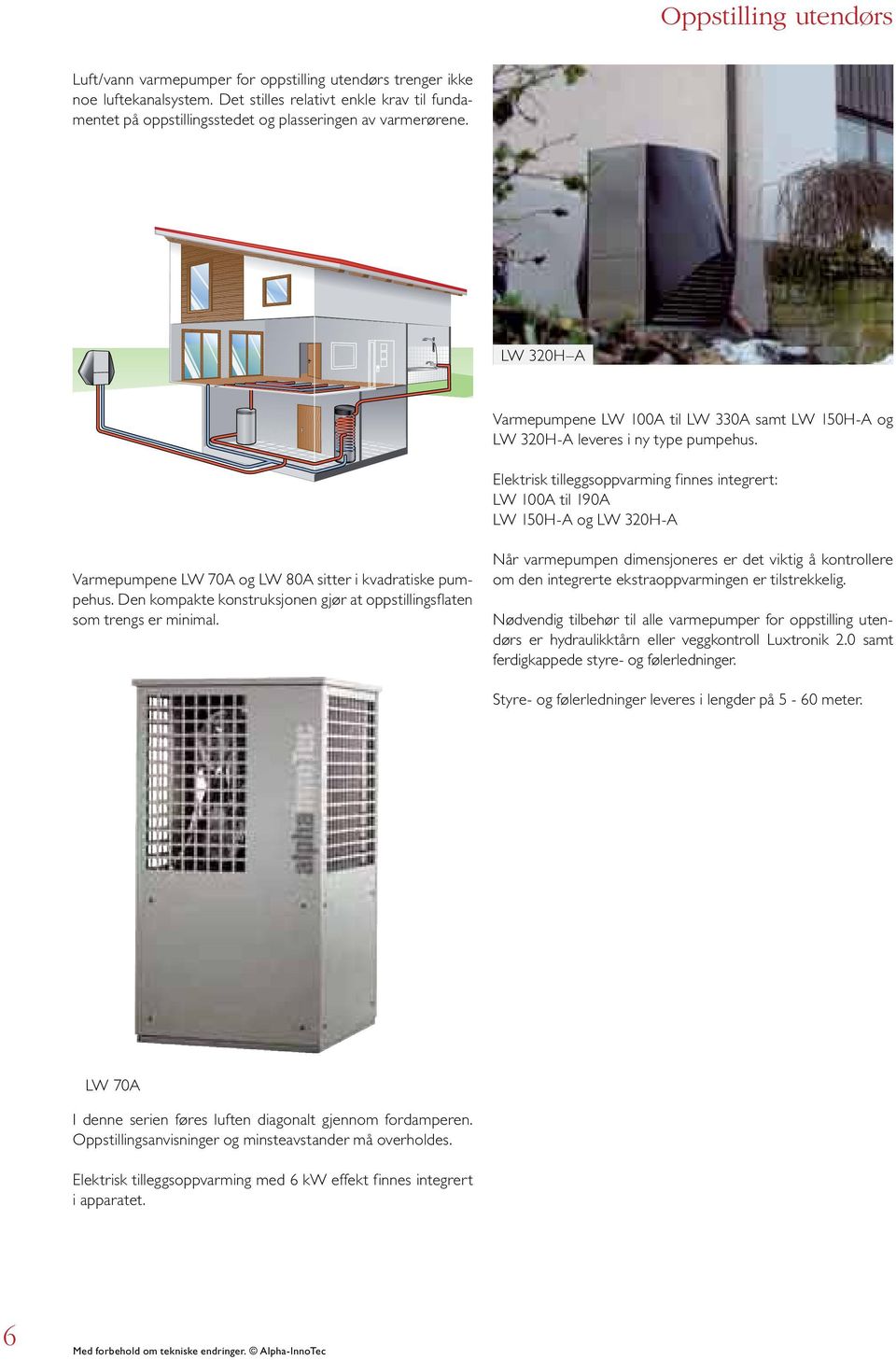 Elektrisk tilleggsoppvarming finnes integrert: LW A til 9A LW 5H-A og LW H-A Varmepumpene LW 7A og LW A sitter i kvadratiske pumpehus.