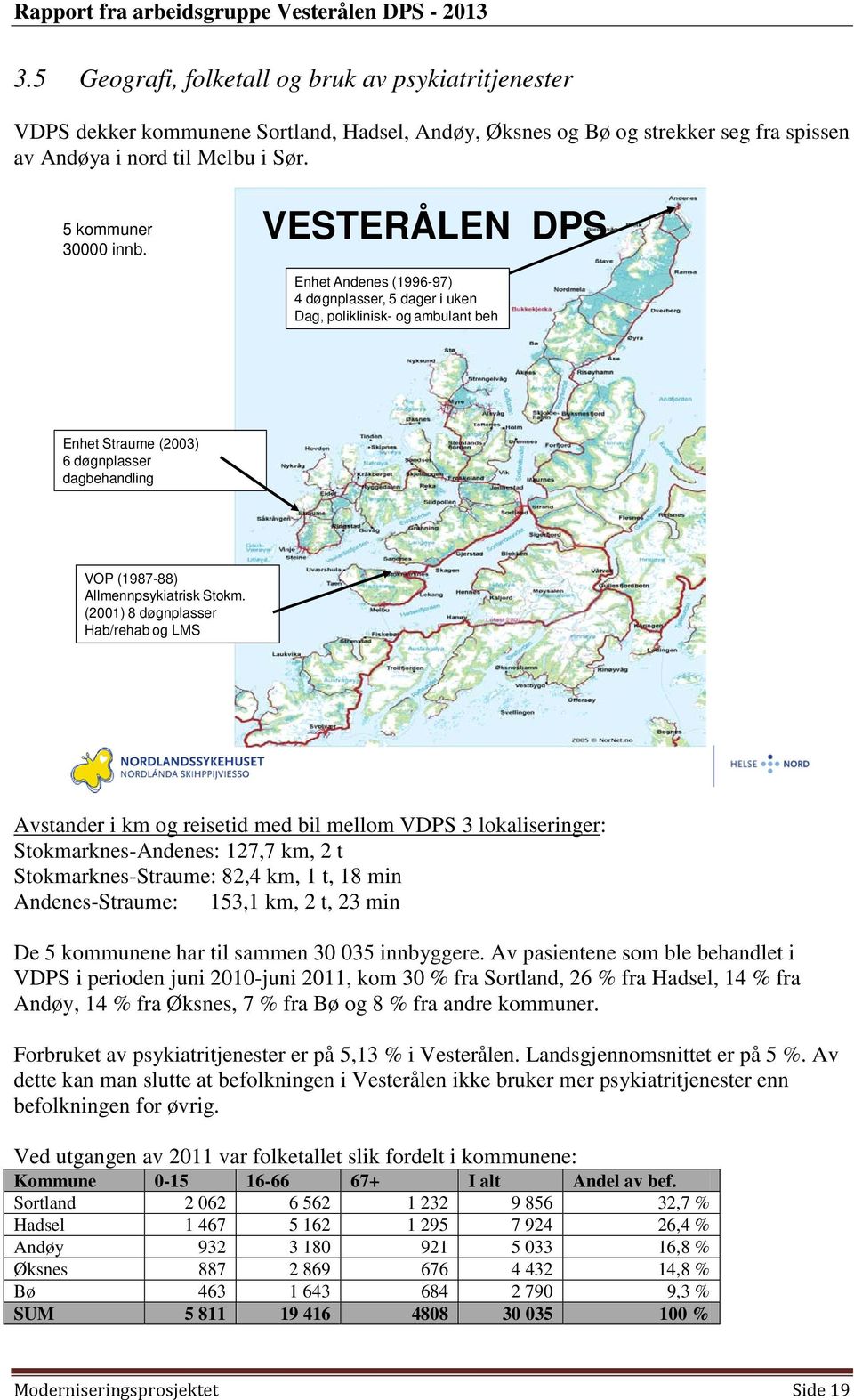 (2001) 8 døgnplasser Hab/rehab og LMS Avstander i km og reisetid med bil mellom VDPS 3 lokaliseringer: Stokmarknes-Andenes: 127,7 km, 2 t Stokmarknes-Straume: 82,4 km, 1 t, 18 min Andenes-Straume: