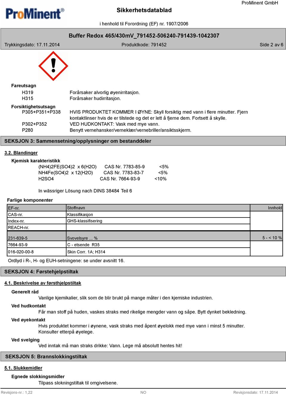 Benytt vernehansker/verneklær/vernebriller/ansiktsskjerm. SEKSJON 3: Sammensetning/opplysninger om bestanddeler 3.2. Blandinger Kjemisk karakteristikk (NH4)2FE(SO4)2 x 6(H2O) CAS Nr.