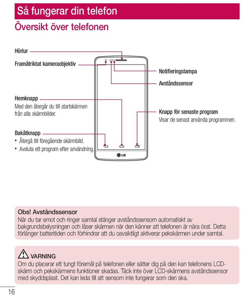 Avståndssensor När du tar emot och ringer samtal stänger avståndssensorn automatiskt av bakgrundsbelysningen och låser skärmen när den känner att telefonen är nära örat.